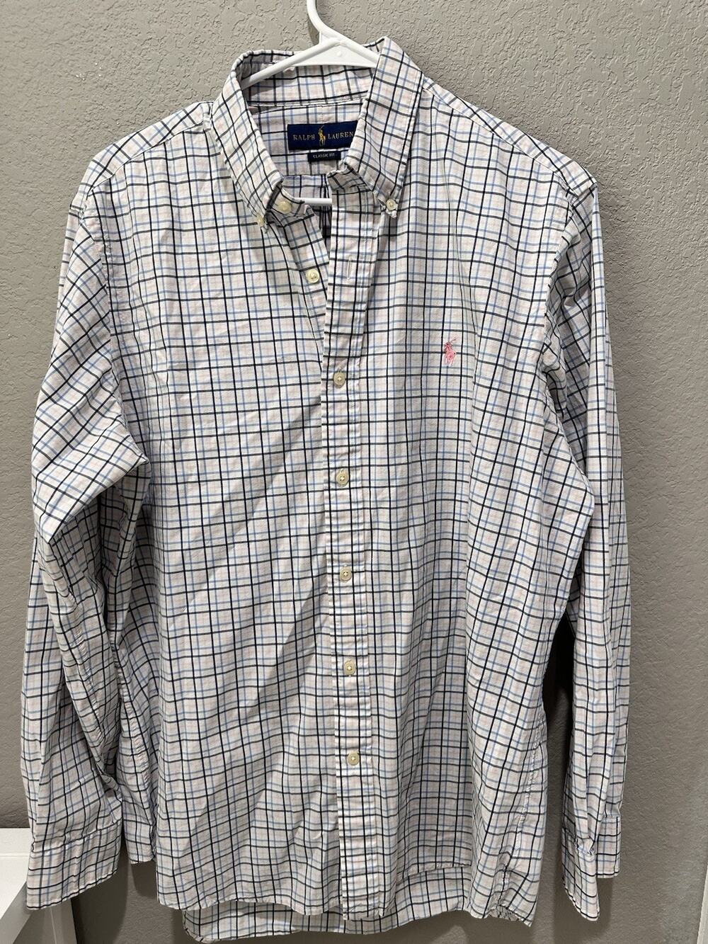 Ralph Lauren Classic Fit Men's White/Blue Plaid LS Button-Down Cotton L 16 1/2
